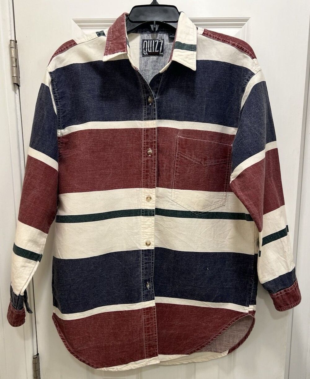 Quizz NY VTG Women's Denim Med Long Sleeve Buttoned-Up Shirt Navy Blue Red White